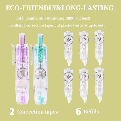 Refillable Correction Tape, 157 ft Total – 2 Pre-Filled Dispensers + 6 Snap-In Refills, School & Office Supplies, Pink &Purple