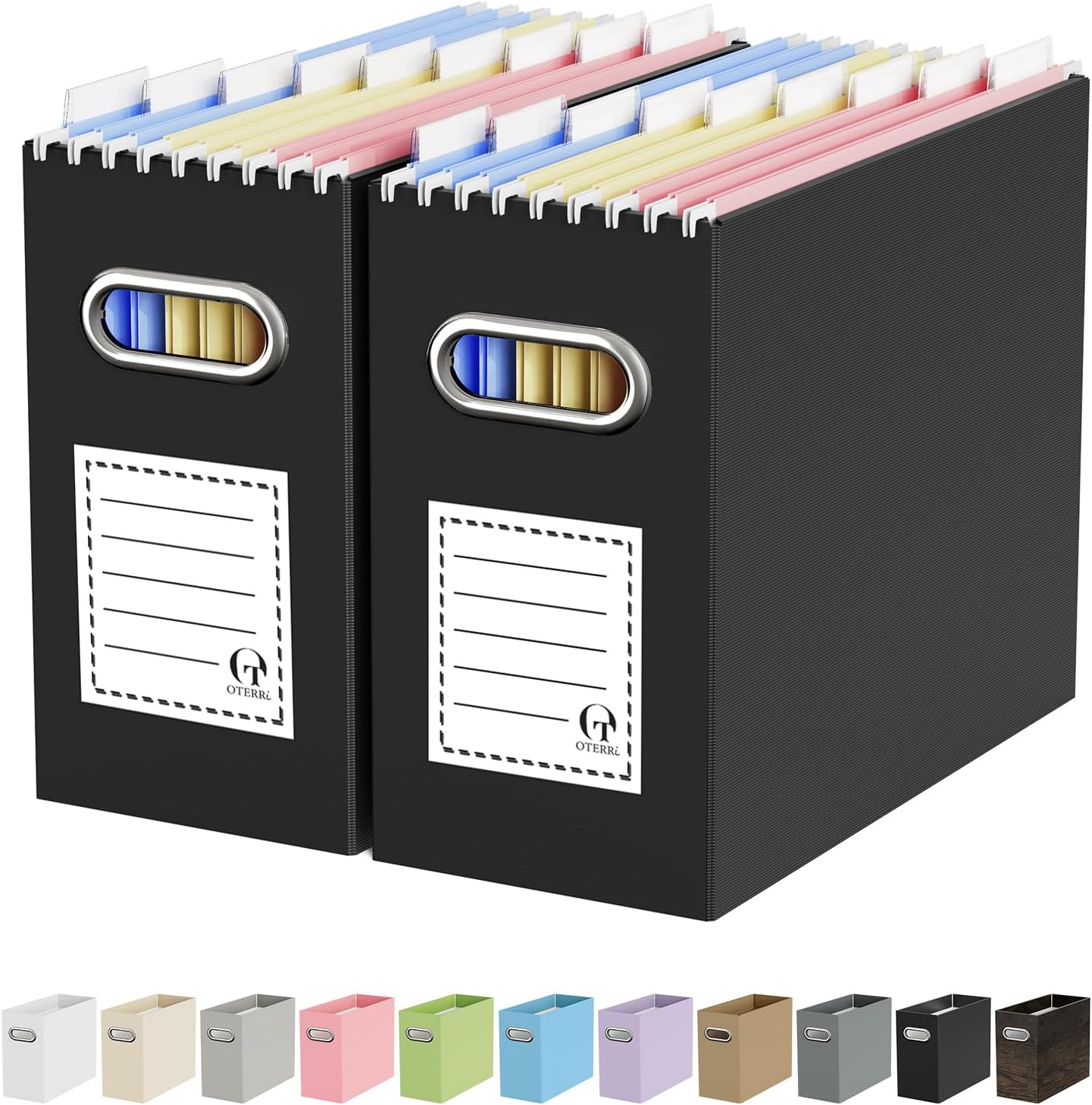 Oterri File Organizer Box, Portable Collapsible Cardboard File Folder Organizer with Handle for Letter Size Hanging Files, Document Storage Box for Home Office & Classroom (4 Packs, Black)