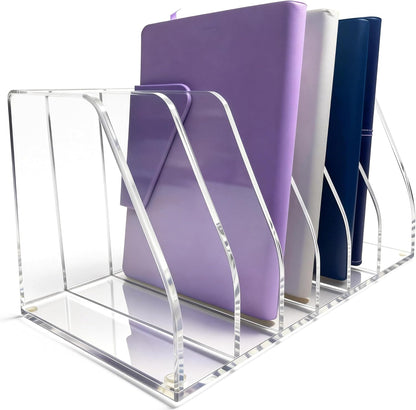 Acrylic Magazine File Holder, 4 Vertical Compartments Desk Document Sorter Organizer, Clear Folder Rack Binder for Office, Tablets, Magazines, Books – Home/Classroom Rack, 5mm Thick