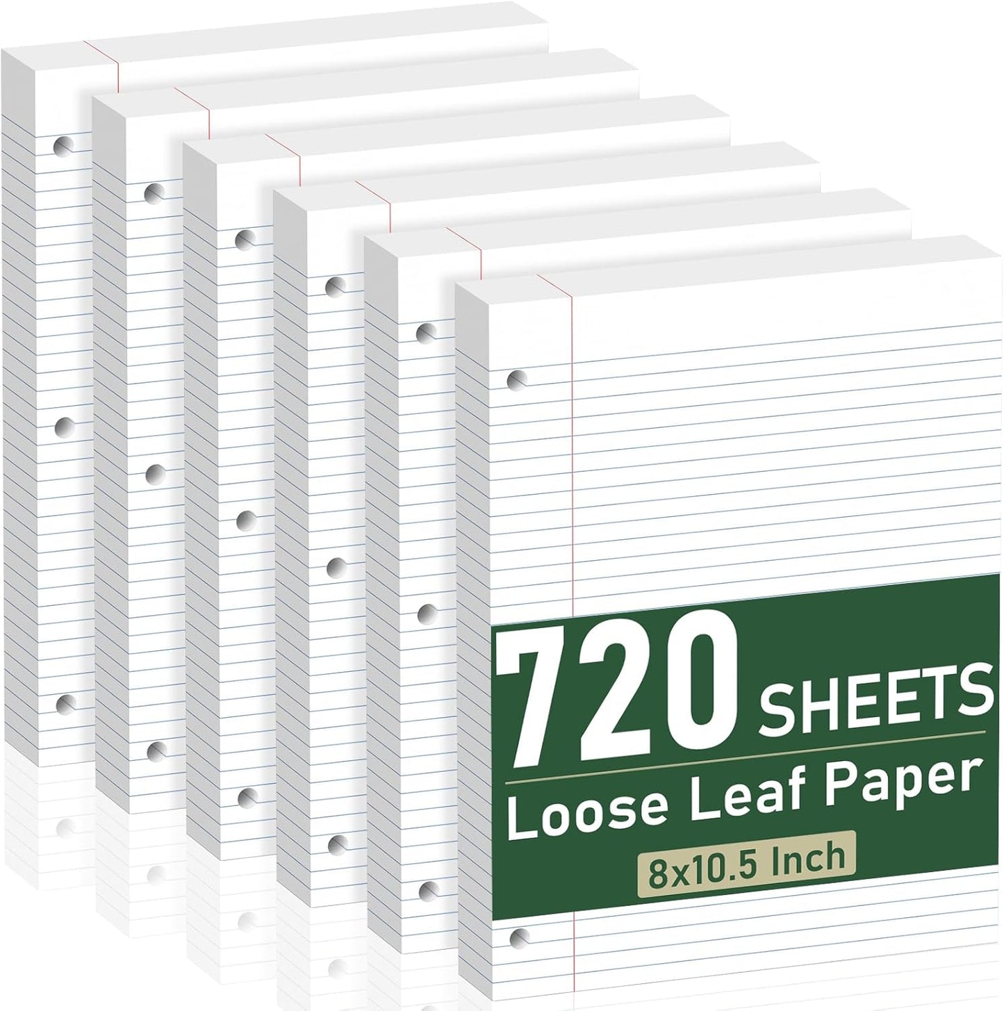 6 Pack Loose Leaf Paper, 120 Sheets Notebook Lined Pads, 8 x 10.5 College Ruled Filler Paper, 3-Hole Punched, White Loose Leaf Notebook Paper for 3 Ring Binders, for Home & Office, School Supplies