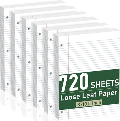 6 Pack Loose Leaf Paper, 120 Sheets Notebook Lined Pads, 8 x 10.5 College Ruled Filler Paper, 3-Hole Punched, White Loose Leaf Notebook Paper for 3 Ring Binders, for Home & Office, School Supplies