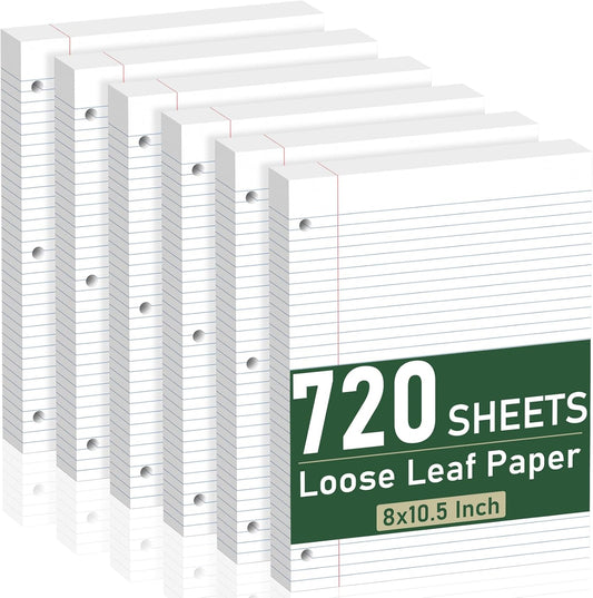 6 Pack Loose Leaf Paper, 120 Sheets Notebook Lined Pads, 8 x 10.5 College Ruled Filler Paper, 3-Hole Punched, White Loose Leaf Notebook Paper for 3 Ring Binders, for Home & Office, School Supplies