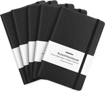 Huhuhero 5 Pack Lined Journal Notebooks, Hardcover Notebook for Work School Office, 5"×8.25", 120Gsm Thick Ruled Writing Journals for Note Taking Business, Black