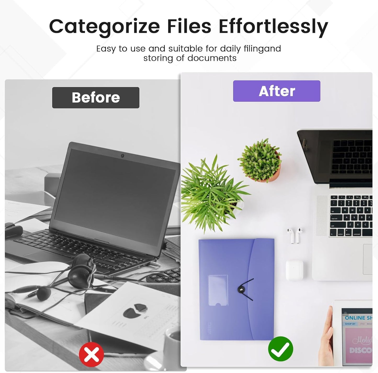 13 Pocket Expanding File Folder Accordian File Organizer, A4 Letter Size Paper Document Receipt Holder for School Office Supplies, Black
