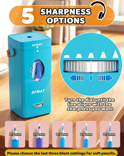 AFMAT Electric Pencil Sharpener, Rechargeable & Cordless, Fully Automatic Pencil Sharpener for Classroom, Auto in & Out, 5 Sharpness Modes, Heavy Duty Sharpeners for 6-12mm No.2/Jumbo Pencils PSC7