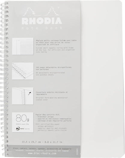 Rhodia 193101C - Spiral Notebook (Full Bound) White Notebook - A4+ - Ruled - 160 Detachable Pages - Clairefontaine Paper 80 g/m - Soft and Resistant Coated Card Cover - Classic