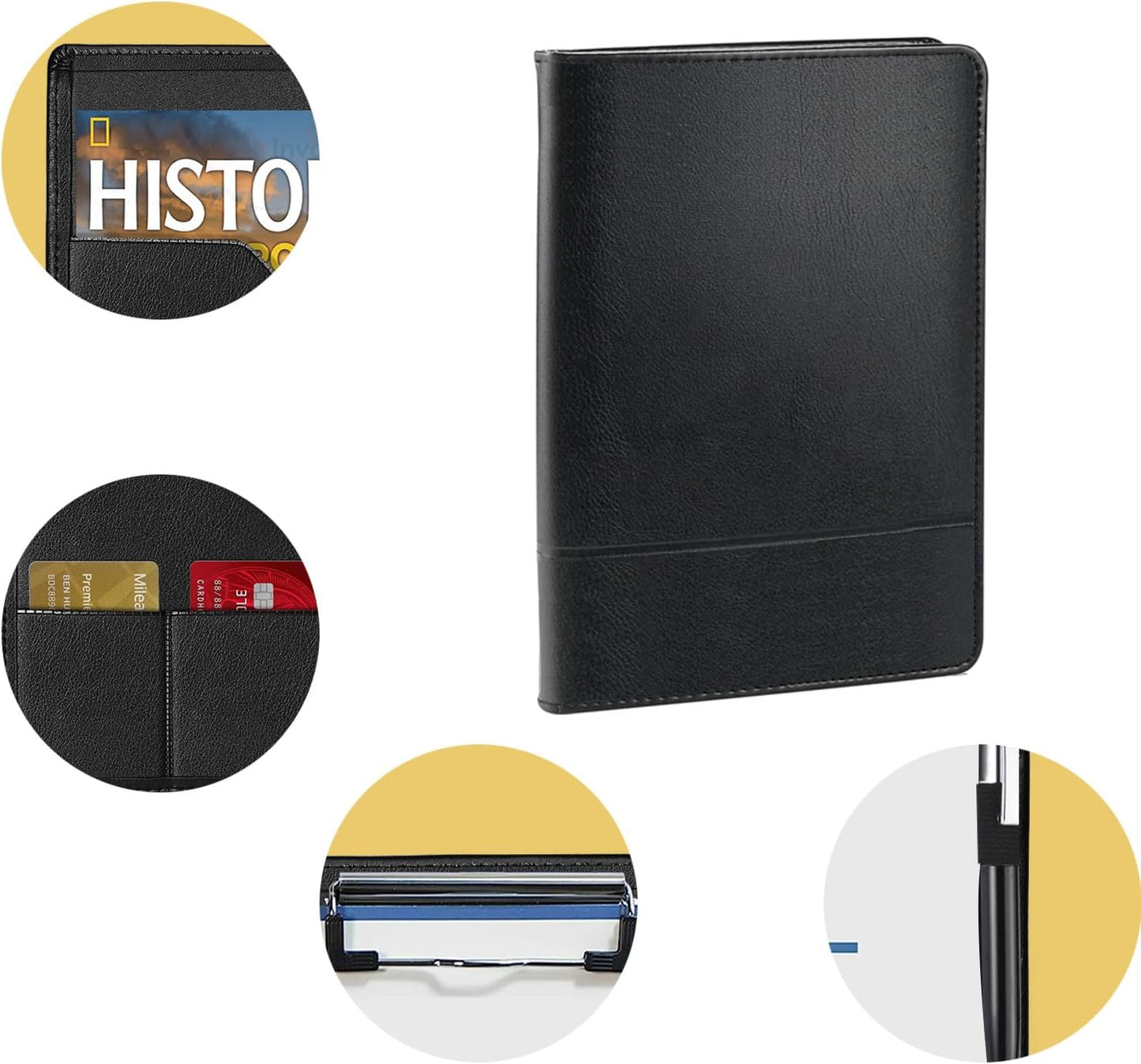 Small Clipboard Padfolio/Portfolio A5 Binder for Writing Pad Refillable 5 x 8 Note Pad, Faux Leather Clipboard Folder Junior Size Portfolio Organizer Folio Clip Board,Black