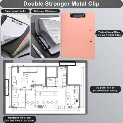 2 PCS Clipboard Foldable,360°Cover Folder Clipboard Plastic Clipboards with Double Low Profile Clip,File Folder Storag Clipboards for A3 A4 Paper, Clip boards for Office School Supplies-Pink