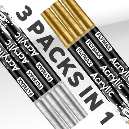 FLYMAX Gold Marker Paint Pens - Permanent Marker Pens Gold Acrylic Paint Water-Based 0.7mm Fine Tip Waterproof Quick-Drying (3 in 1Pack)