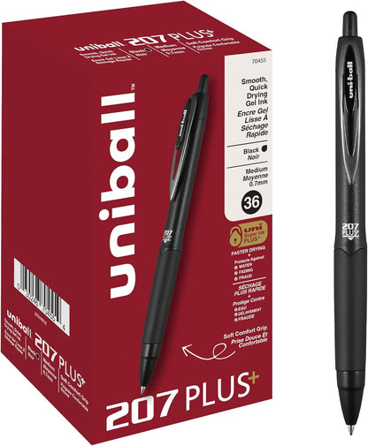 uniball 207 Plus+ Retractable Gel Pens, Medium Point (0.7mm), Black, 4 Pack