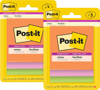 Post-it Super Sticky Notes, 3 Sticky Note Pads, 3 x 3 in., School Supplies for Students, Ideal for Textbooks, Notebooks, Walls and Vertical Surfaces, Energy Boost Collection
