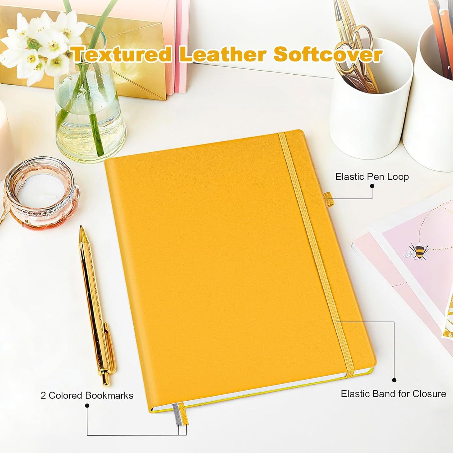 College Ruled Notebook, A4 Softcover Leather Notebook for Work, Lined Notebook Journal for Women, Men, 192 Thick Paper, Lay Flat, Large Notebook with 2 Pockets, Professional Business Notebook, Blue