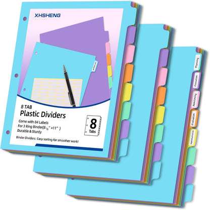 3 Ring Binder Dividers with TAB,48PCS/6 Set Plastic File Dividers,8 Tab 3 Hole Punch Dividers,Pastel Color,Letter Size,6 Sets