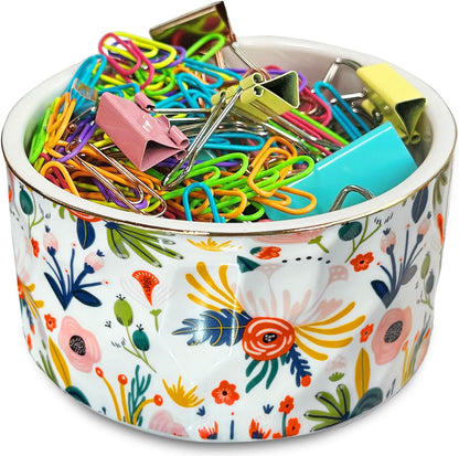 Paper Clip Holder Ceramic Paper Clip Holders Garden Floral Paperclips Holder Dispenser Cute Gold Line Paper Clip Organizer for Desk Binder Clip Holder Bobby Pin Hair Gift for Office Mint Flowers