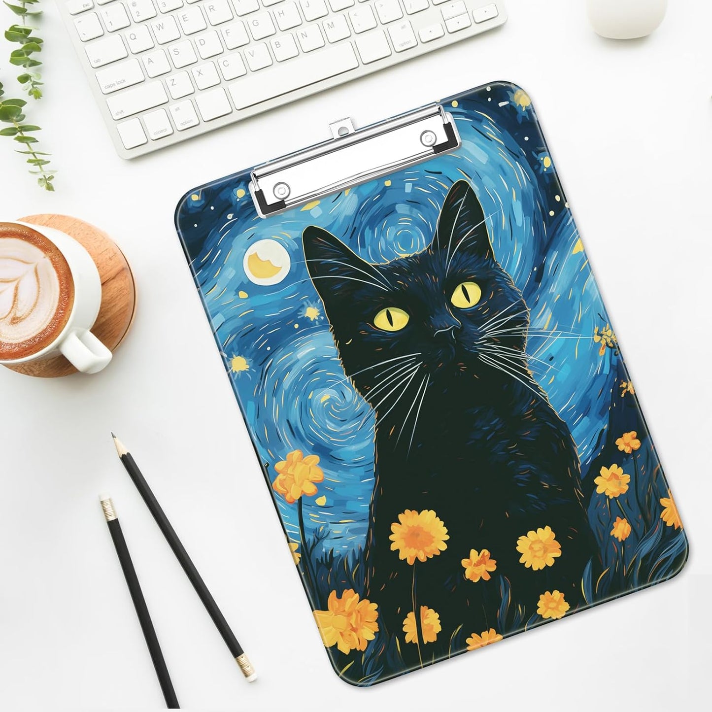 Plastic Cute Clipboard Low-Profile Metal Clip, A4 Letter Size 9 x 12.5 in, 8.5 x 11 Paper Clip Board for Teachers, Nurses, Classroom,Cute Black Cats