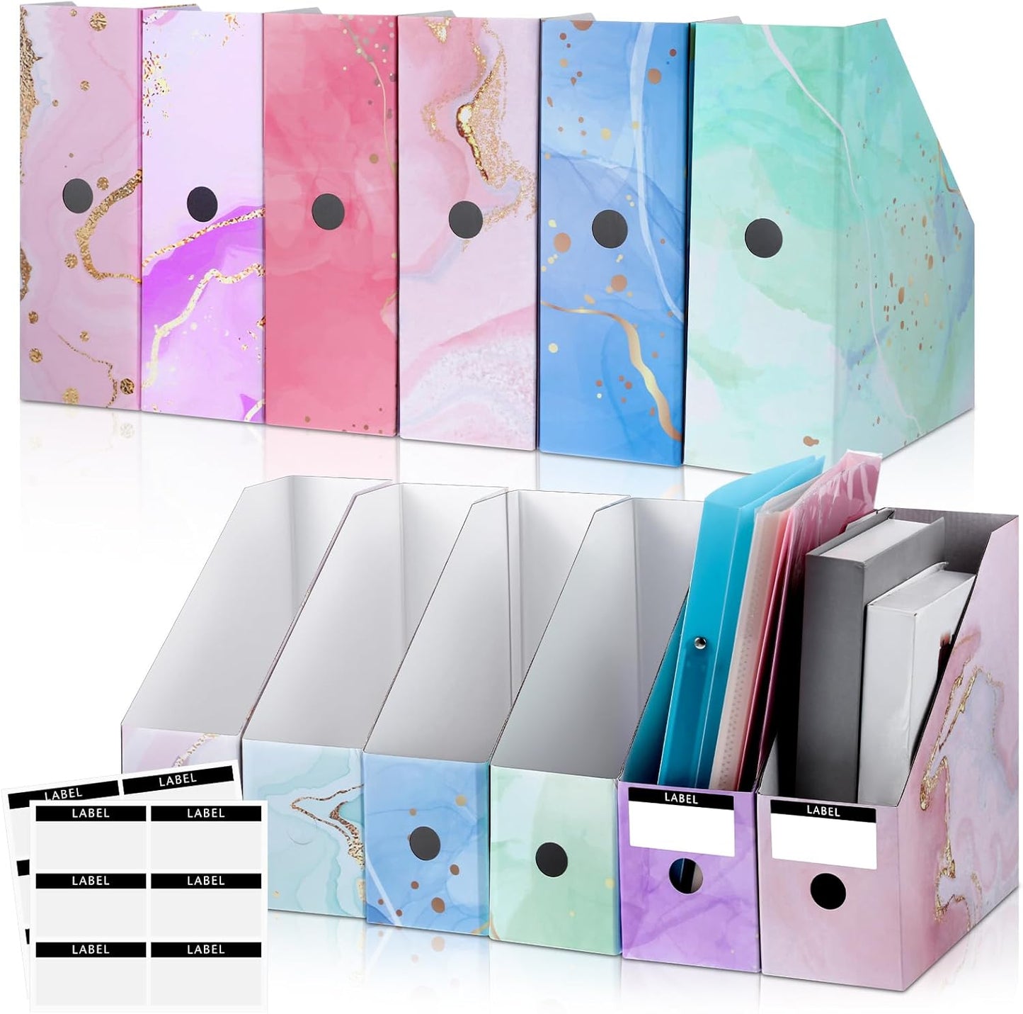 PerKoop 6 Pcs Decorative Magazine File Holders Floral Foldable File Folders Magazine Storage Boxes Rack Desk Organizer Documents with Printable Labels for School Office Home (Floral)