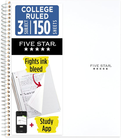 Five Star Spiral Notebook + Study App, 3 Subject, College Ruled Paper, 8-1/2" x 11", 150 Sheets, Fights Ink Bleed, Water Resistant Cover, Amethyst Purple (38746)