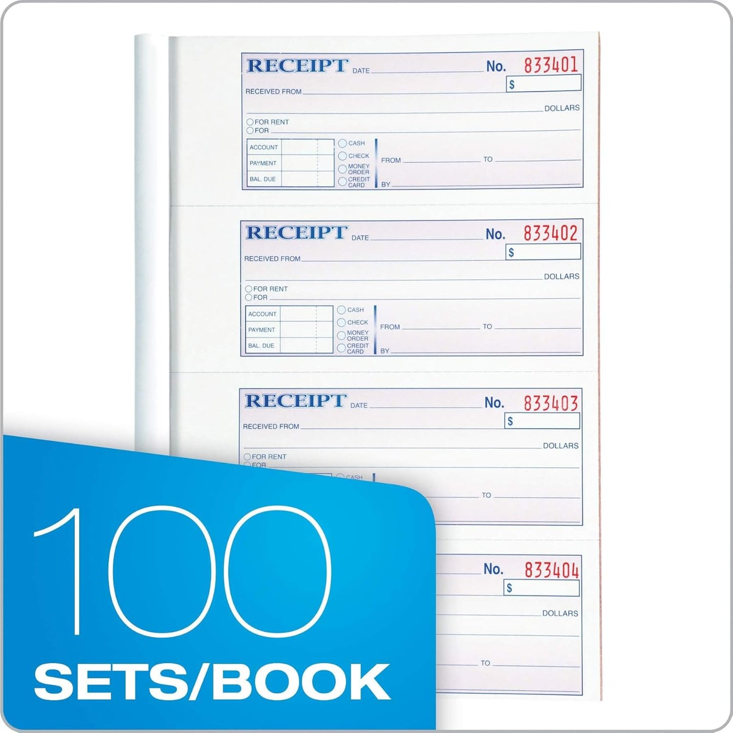 Adams Money and Rent Receipt Books, 3-Part Carbonless, 7-5/8" x 10-7/8", Bound Wraparound Cover, 100 Sets per Book, 4 Receipts per Page, 5 Books per Pack (TC1182-5)