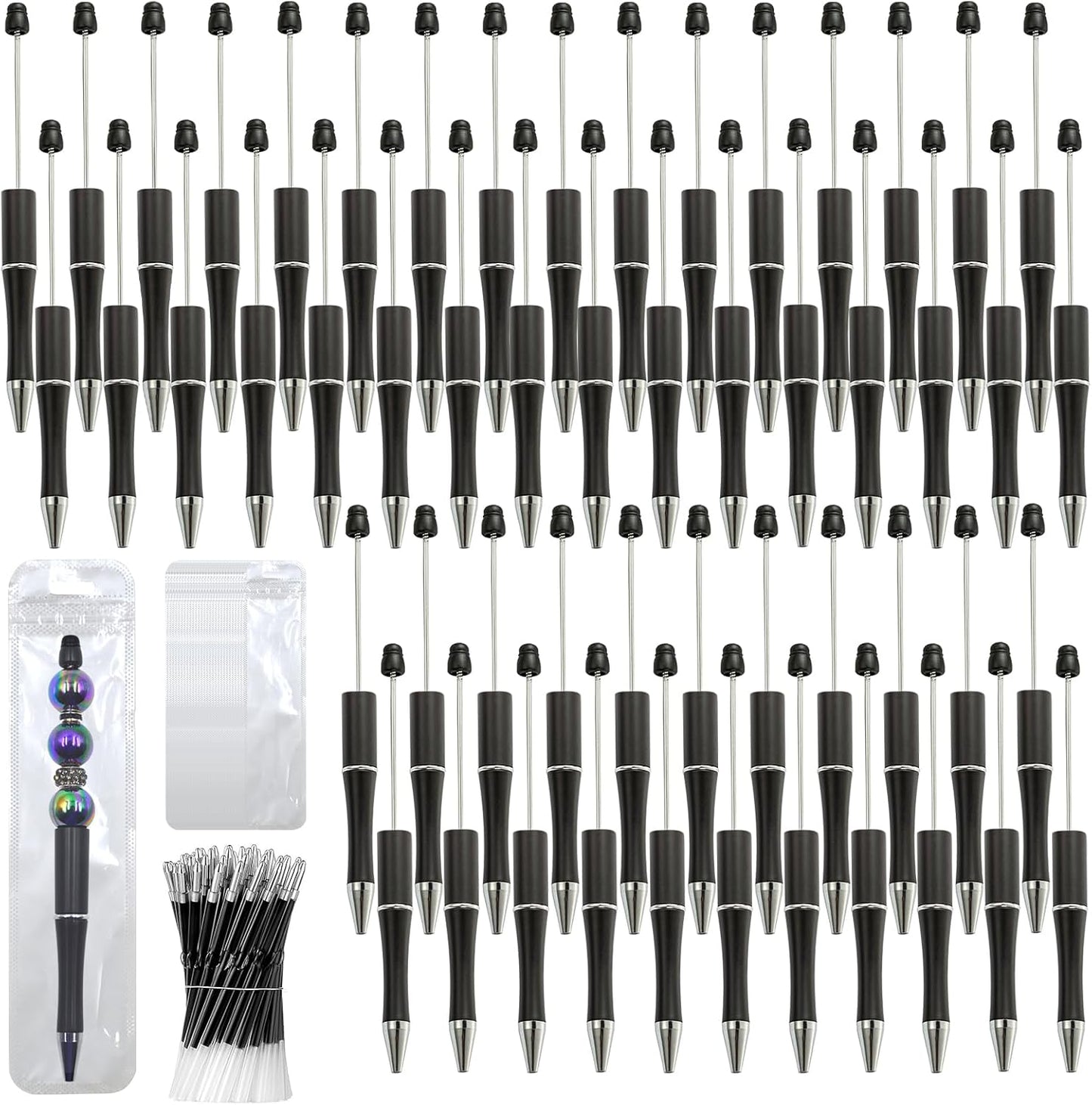 150 Pieces DIY Beadable Pen Kit – 50 Plastic Ballpoint Pens with Refills & Bags, Beads Not Included – School Supplies, Office Accessories & Craft Gifts for Students & Teachers (Multicolor)