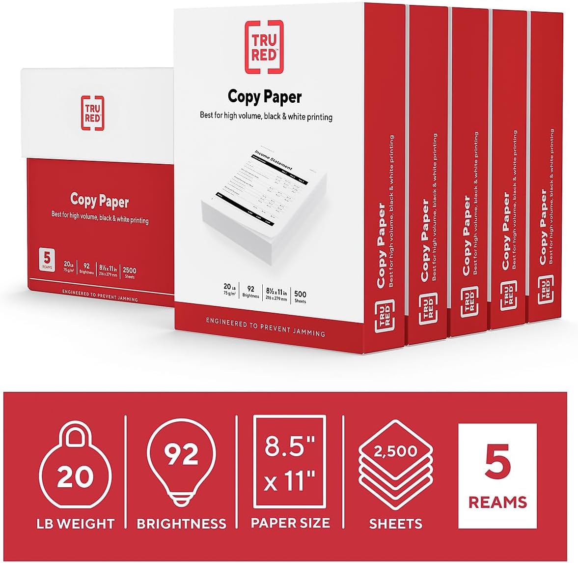 TRU RED 8.5x11 Copy Paper 20 lb. 92-Bright 5000 Sheets/Carton, For Office, School & Home