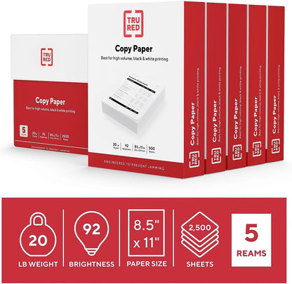 TRU RED 8.5x11 Copy Paper 20 lb. 92-Bright 5000 Sheets/Carton, For Office, School & Home