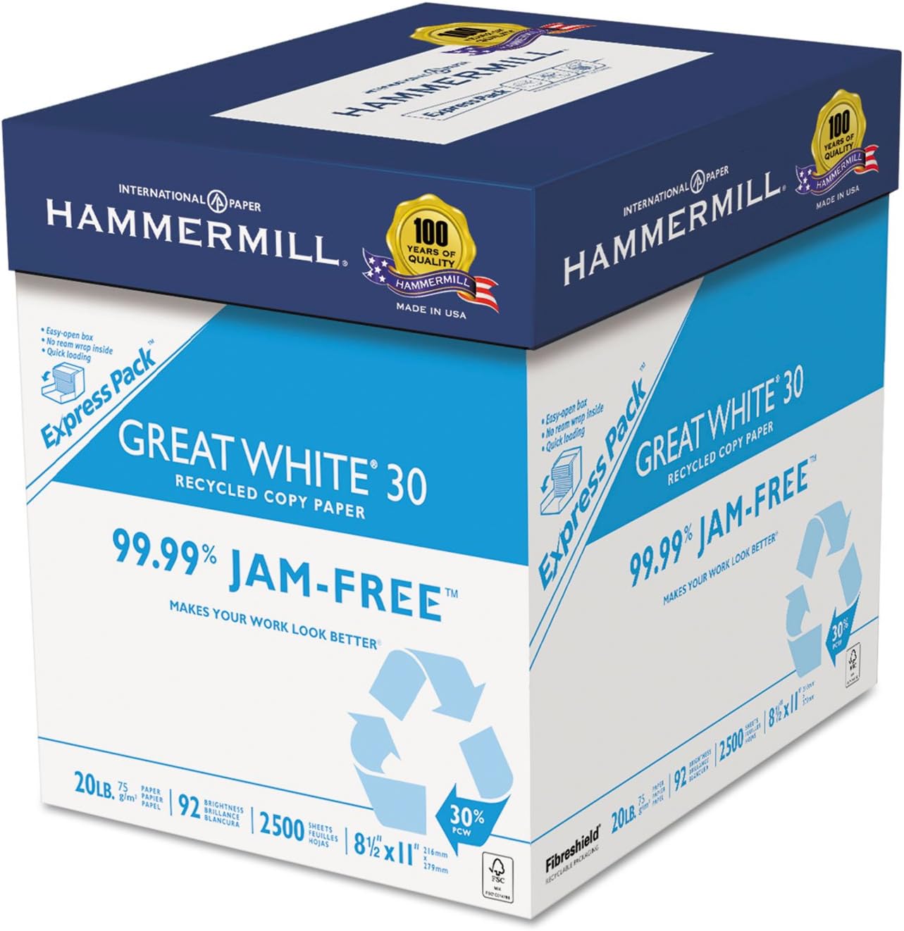 Hammermill Printer Paper, Great White 30% Recycled Paper, 8.5 x 11 - 3 Ream (1,500 Sheets) - 92 Bright, Made in the USA