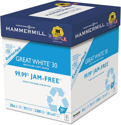 Hammermill Printer Paper, Great White 30% Recycled Paper, 8.5 x 11 - 3 Ream (1,500 Sheets) - 92 Bright, Made in the USA