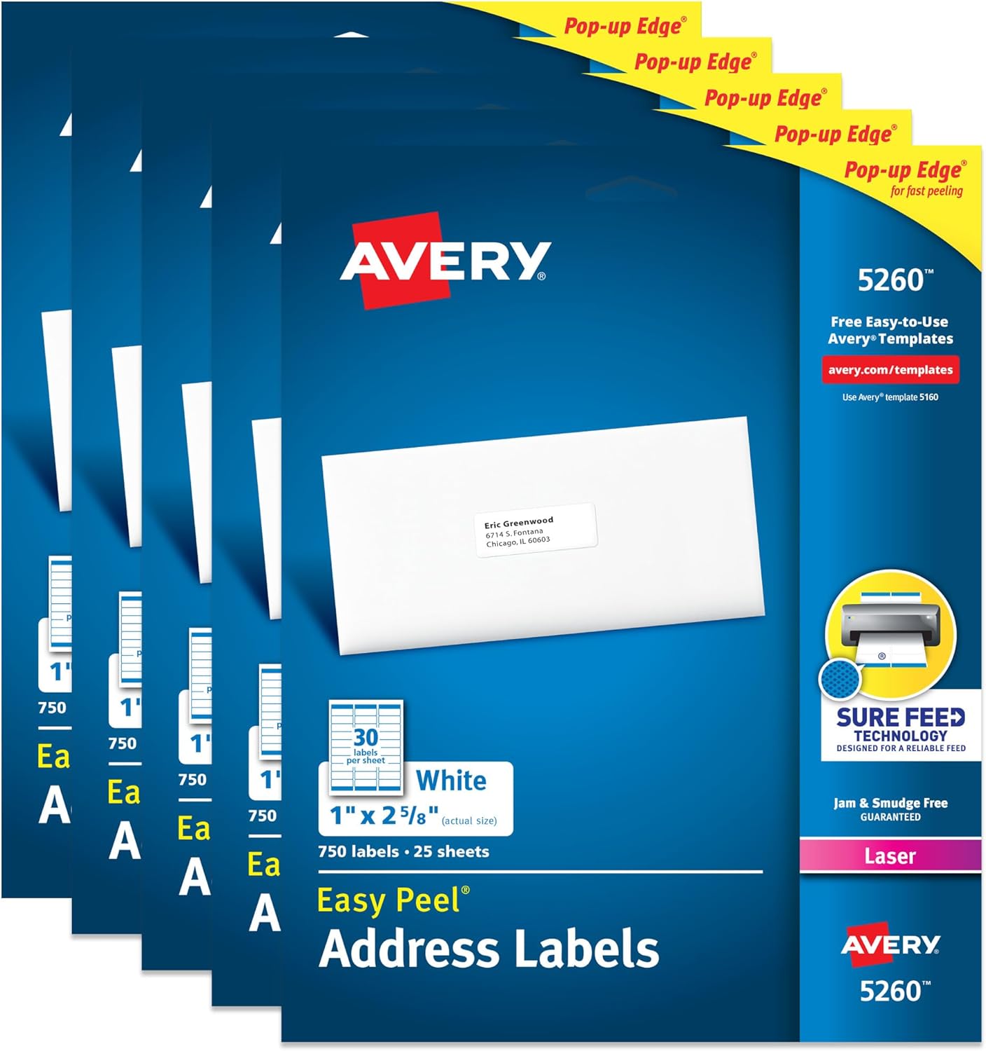 Avery Easy Peel Printable Address Labels with Sure Feed, 1" x 2-5/8" Customizable Stickers, White, 7,500 Blank Mailing Labels, Great for Mailing, Shipping, and More (45160)