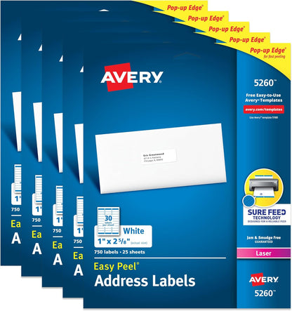 Avery Easy Peel Printable Address Labels with Sure Feed, 1" x 2-5/8" Customizable Stickers, White, 7,500 Blank Mailing Labels, Great for Mailing, Shipping, and More (45160)