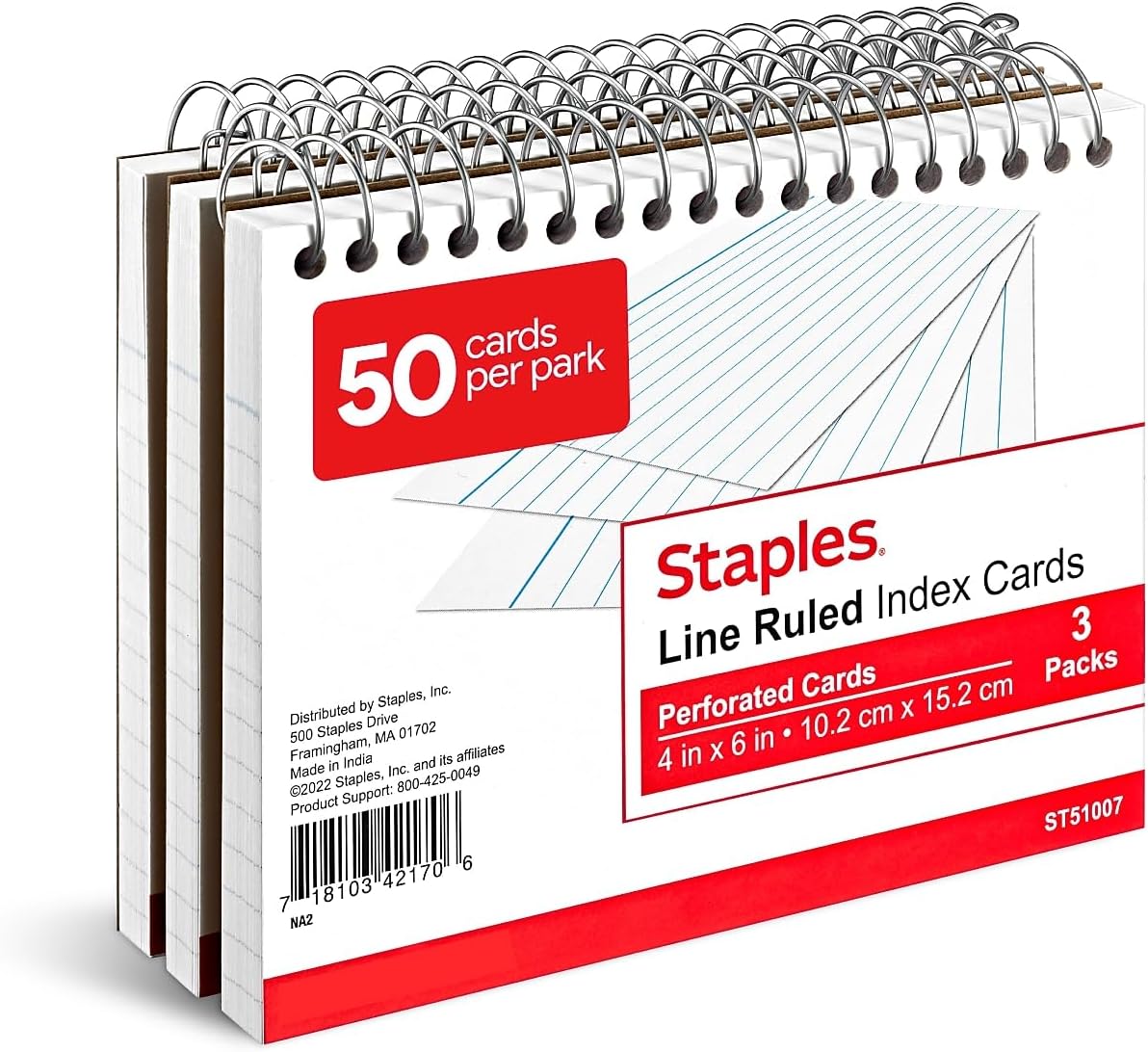 Staples Index Cards, 4" x 6", Lined, White, Acid‑Free, Micro‑Perforated, 150 Cards – Tear‑Off Ruled Cards for Notes & Projects