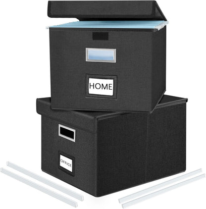 Huolewa Upgraded Portable File Organizer Box with Lid, Collapsible Linen Hanging Filing Storage Boxes with Plastic Slides, Decorative Home/Office Filing System Box for File and Folders Storage (Gray)
