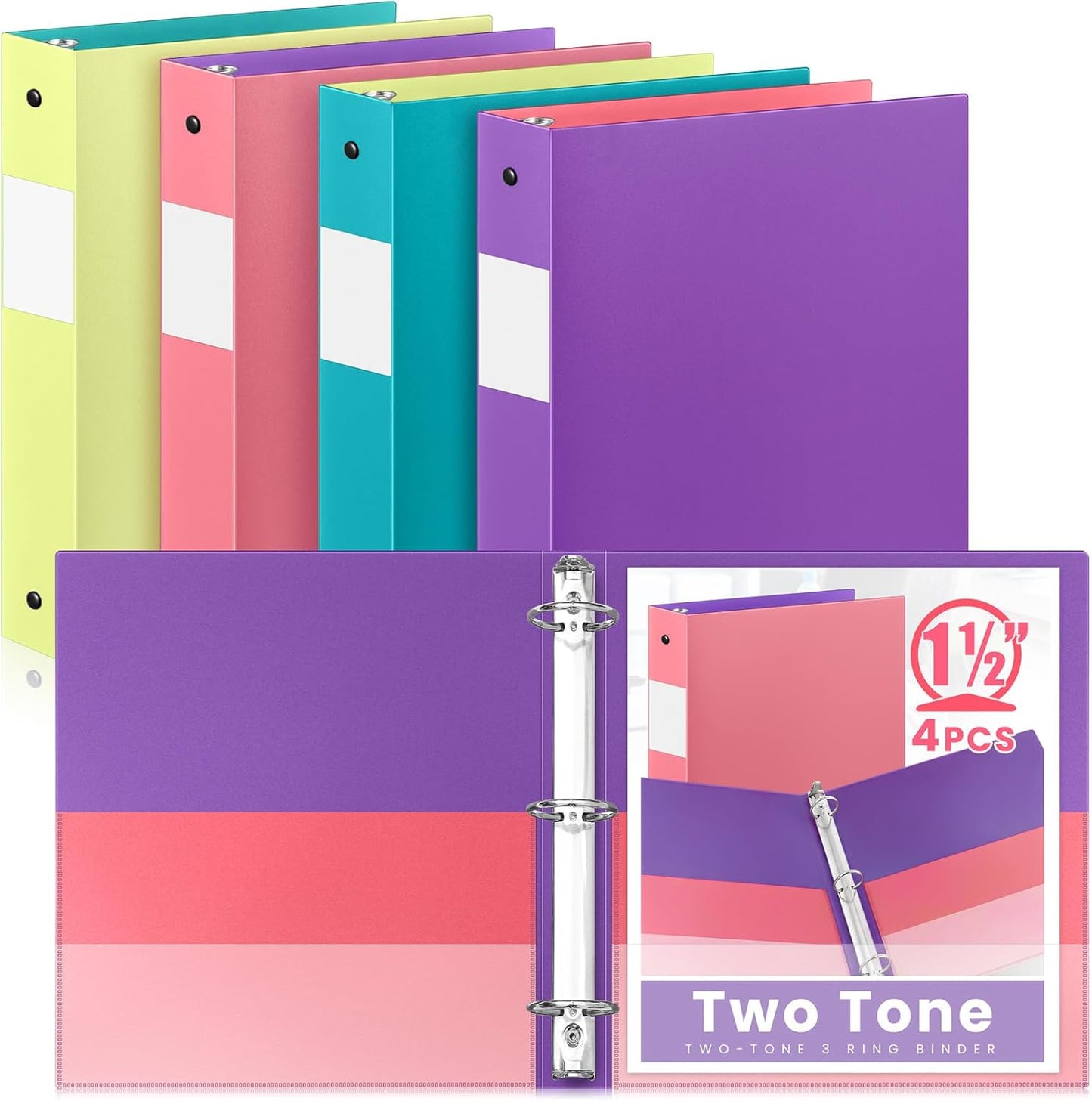 Henoyso 4 Pack Plastic Two-Tone View 3 Ring Binder, 1 Inch Round Ring Binder with Four Inner Pockets, Heavy Duty View Binders for School and Office, Pink, Teal, Purple and Lime (Clear Font Pocket)