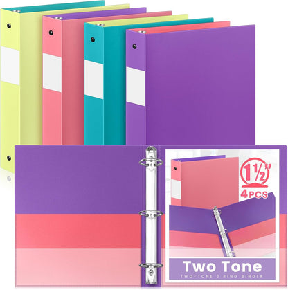 Henoyso 4 Pack Plastic Two-Tone View 3 Ring Binder, 1 Inch Round Ring Binder with Four Inner Pockets, Heavy Duty View Binders for School and Office, Pink, Teal, Purple and Lime (Clear Font Pocket)