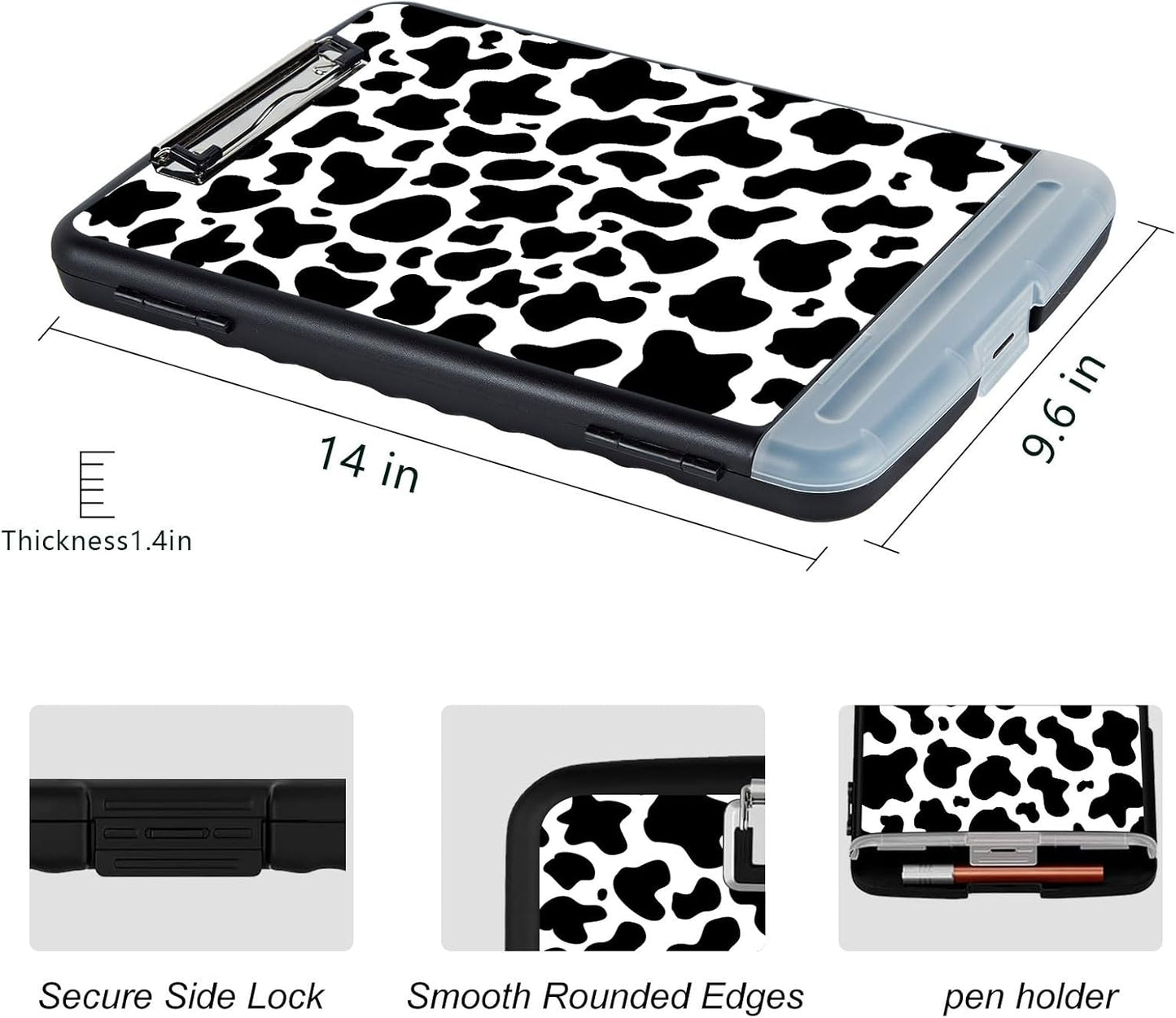Clipboard with Storage, Heavy-Duty Side-Opening Folder with Pen Holder, Durable Plastic Nursing Clipboard for Nurses, Teachers, and Sales, Cow Prints 02
