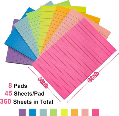 Lined Sticky Notes, 8 Pack Self-Stick Note Pads 4x6, Sticky Notes with Lines it, Strong Adhesive Post for Office & Home Planning, Bright