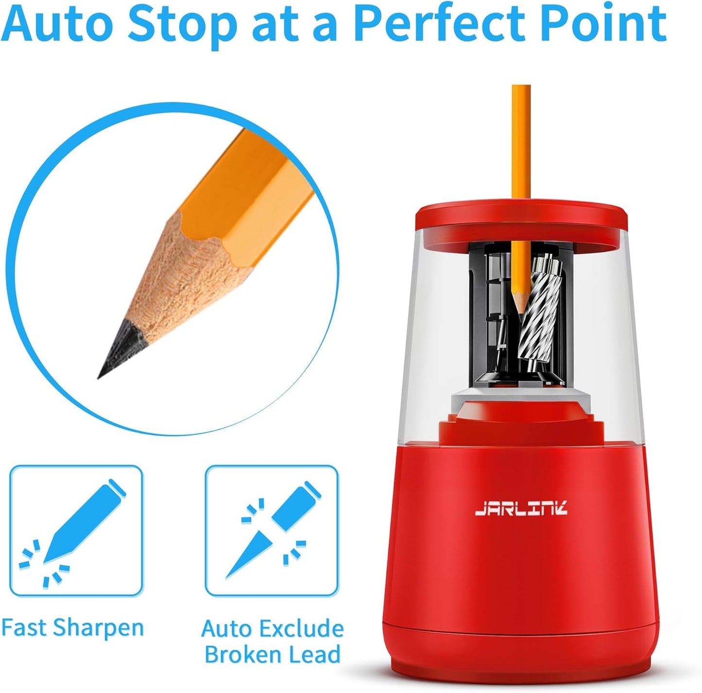 JARLINK Electric Pencil Sharpener, Heavy-Duty Helical Blade to Fast Sharpen, Auto Stop for No.2/Colored Pencils(6-8mm), AC Adapter/Battery Operated in School Classroom/Office/Home (Black)