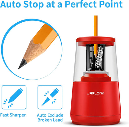 JARLINK Electric Pencil Sharpener, Heavy-Duty Helical Blade to Fast Sharpen, Auto Stop for No.2/Colored Pencils(6-8mm), AC Adapter/Battery Operated in School Classroom/Office/Home (Black)