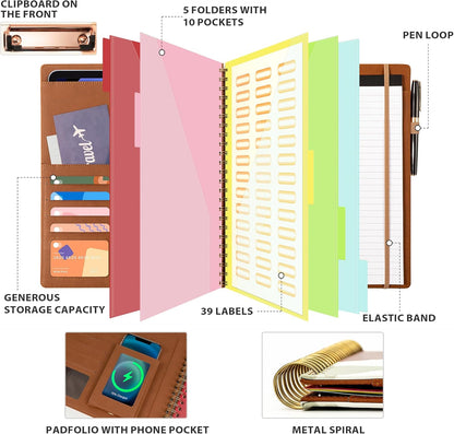 Ospelelf Clipboard with Storage for Women, Leather Padfolio Portfolio Organizer 5 Folders with 10 Pockets, Spiral Clipboard Folio with Notepad for Letter Size, Elastic Closure and Pen Loop Floral