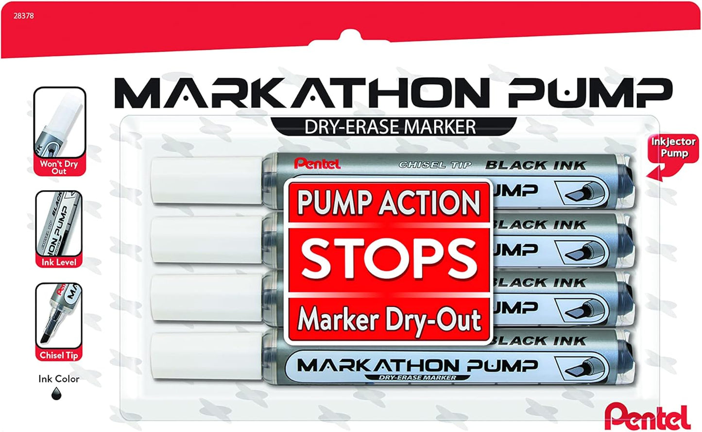 Pentel Markathon Pump Dry Erase Marker, Chisel Tip, Black Ink, 4 Pack (MWL6SXBP4A)