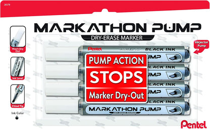Pentel Markathon Pump Dry Erase Marker, Chisel Tip, Black Ink, 4 Pack (MWL6SXBP4A)