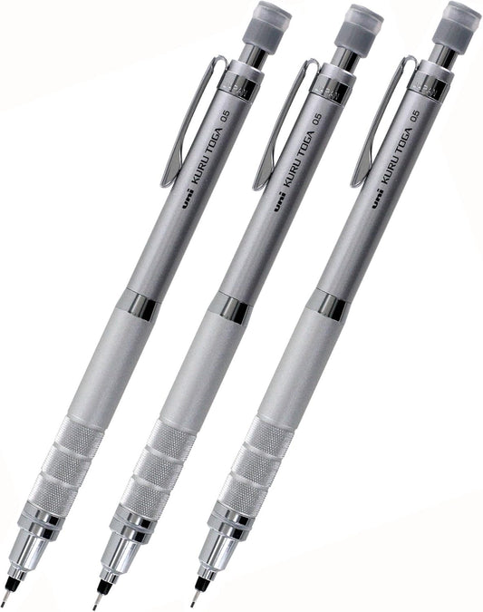 Uni Kuru Toga Roulette Auto Mechanical Pencil, 0.5mm, Gun Metallic Silver, Pack of 3