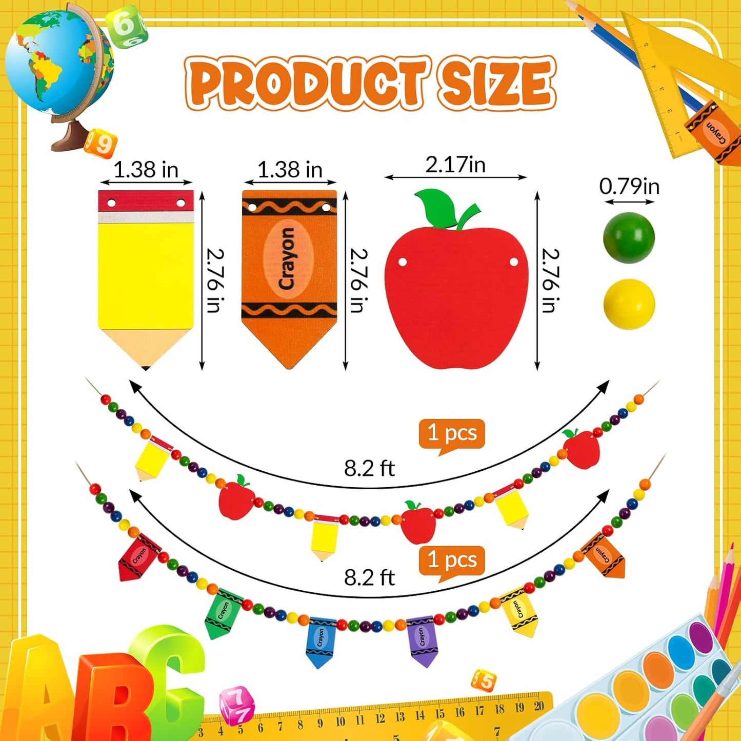 8.2 Ft Pencil Wooden Garland Graduation Yellow Pencil Banners with Cute Beads Hanging Ornaments for Kindergarten Classroom Office Home First Day of School Party Decor