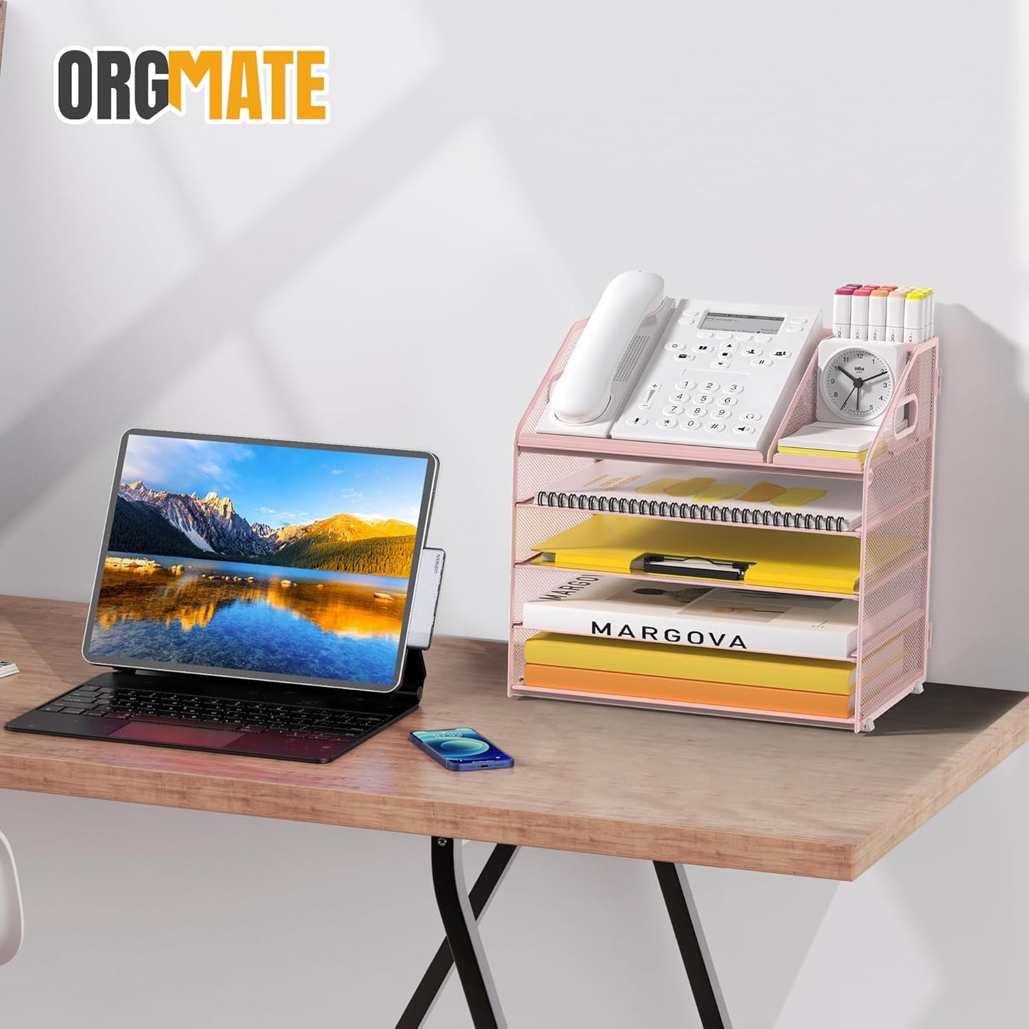 Letter Tray Paper, 4 Tier Desk Organizer with Pen Holder and Handle Mesh File Organizer Paper Sorter Metal Desktop Document Shelf for Office Home Classroom -Black