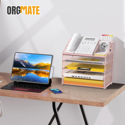 Letter Tray Paper, 4 Tier Desk Organizer with Pen Holder and Handle Mesh File Organizer Paper Sorter Metal Desktop Document Shelf for Office Home Classroom -Black