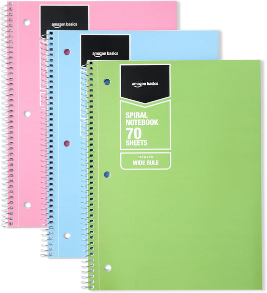 Amazon Basics College Ruled Spiral Notebooks, 70 Sheets, 8" x 10.5", Perforated Pages, Assorted Primary Solid Colors, 3-Pack