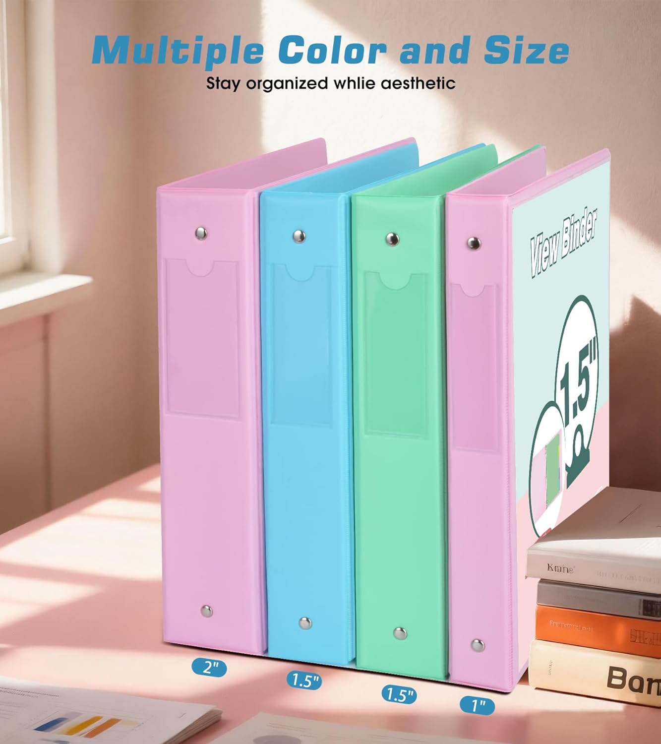 3 Ring Binder 1.5 inch，Cute Binder Organizer with 5 Tab Dividers Fits 175 Sheets of 8.5x11 Paper,Customizable Clear Cover with Inside Pockets,Aesthetic 1.5" Three Ring Binders for School Office,Purple