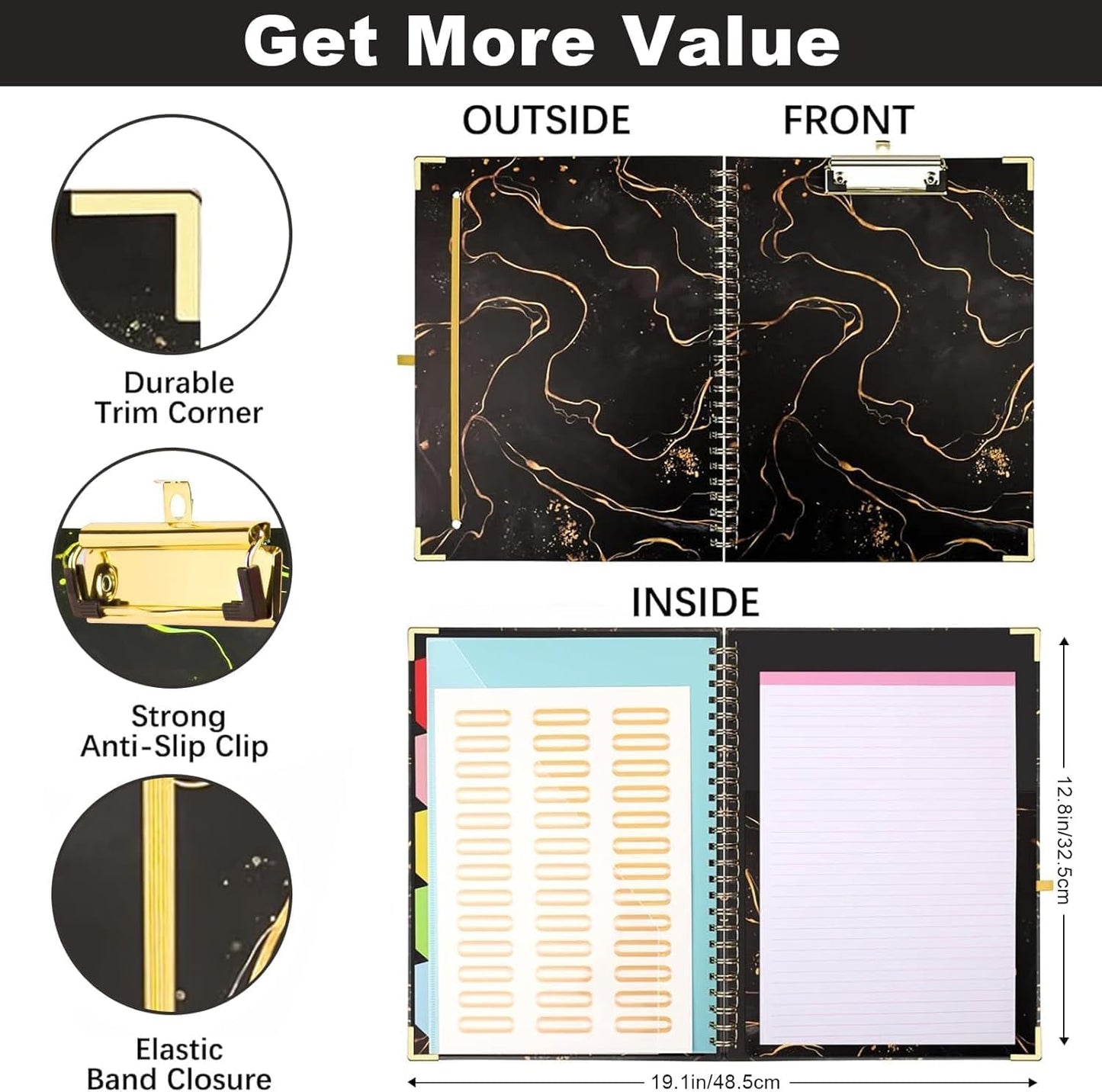 Clipboard Folio with Refillable Notepads, Marble Clipfolio with 5 Dividers with 10 Pockets, Spiral Clipboard Folder Design for School, Office, Work, Teacher, Students, Nurses (Black, 9.4 x 12.8)