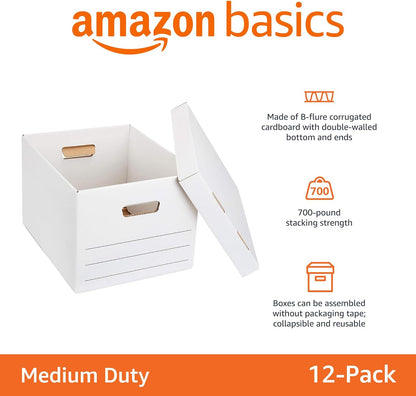 Amazon Basics Storage/Filing Boxes with Lift-Off Lid, Letter/Legal Size, Collapsible, Tape-Free Assembly, White, 16.2" L x 12.5" W x 10.5" H, 20-Pack
