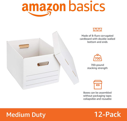 Amazon Basics Storage/Filing Boxes with Lift-Off Lid, Letter/Legal Size, Collapsible, Tape-Free Assembly, White, 16.2" L x 12.5" W x 10.5" H, 20-Pack