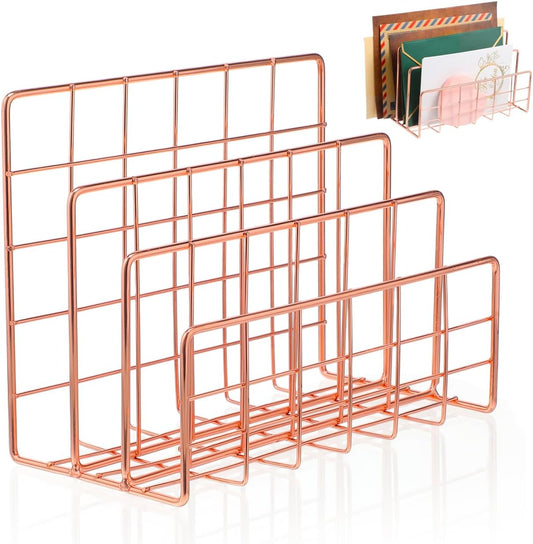 File Holder for Desk: No Wobbling 3 Slots Magazine Holder Office Desktop File Sorter Organizer for Folders Binders, Rose Gold
